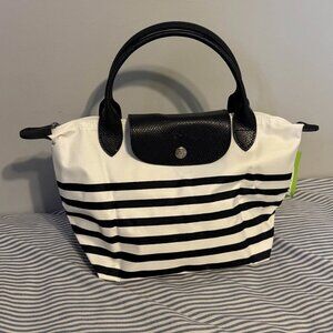 Longchamp Le Pliage M WHITE-NAVY-Striped Handbag Medium Bag Unused